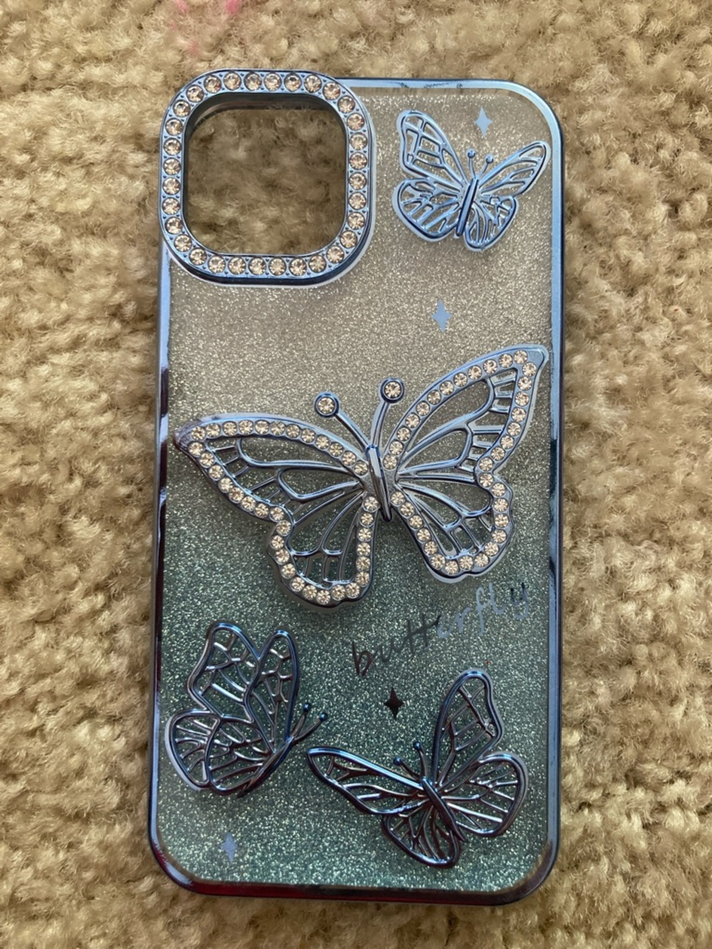 Blue Glitter Butterfly iPhone Case with Rhinestones